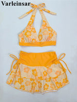 S - XL With Skirt Printed Halter Bikini Female Swimsuit Women Swimwear Three-Pieces Bikini Set Bather Bathing Suit Swim V8230