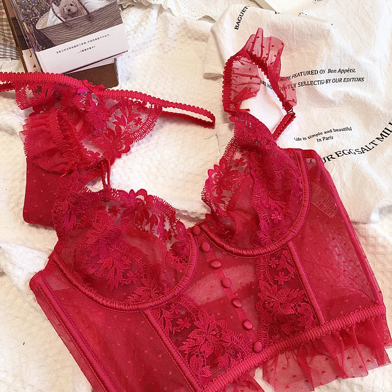French Sexy Lingerie Set Women Ultra Thin See Through Embroidery Lace Bra & Thong Push Up Underwear Shaping Camisole Set MOYISU