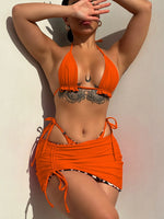 2026 Summer Leopard Print 3 Pieces Suit Swimwear Reversible Sexy Halter Lace-up Bikini Set Drawstring Skirt Cover Up Beachwear