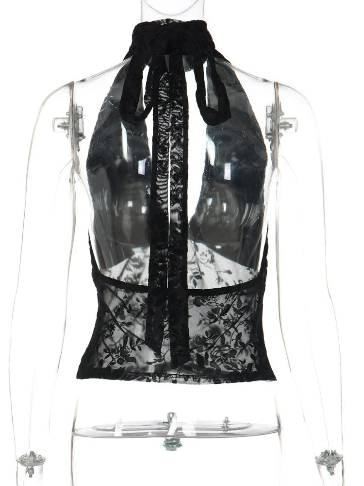 FDYOUI Woman Clothes Elegant Bandage Mesh Corset Tops 2026 Female Halter V-neck Lace-up Tank Top Black T-shirt Y2K Streetwear