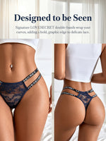 Low-Rise Letter Lace Thong Sexy-Style Blue Floral Embroidery Underwear Breathable Thong C856