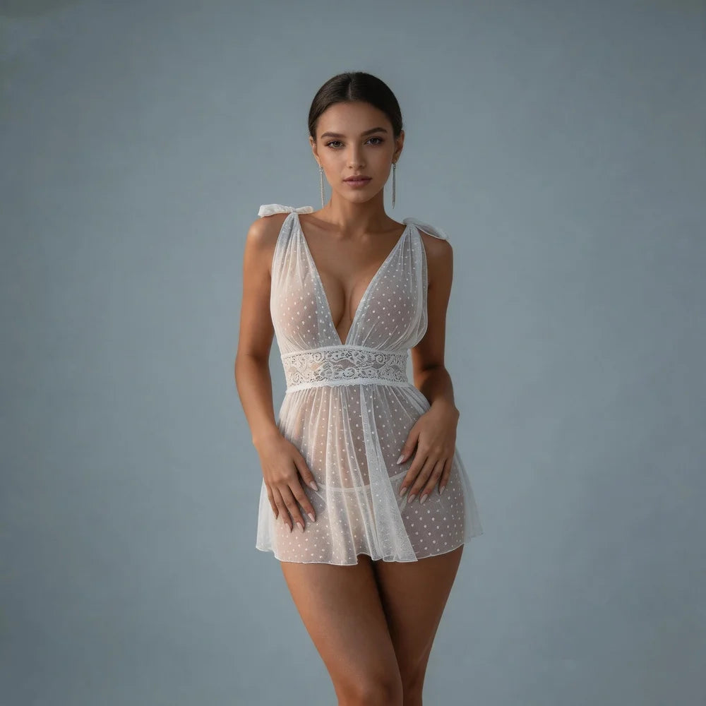 Polka Dot Mesh Babydoll Set V Neck Lace Waist Tie Straps Sheer Sleepwear for Home Lounging Bridal Honeymoon Anniversary Night