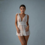 Polka Dot Mesh Babydoll Set V Neck Lace Waist Tie Straps Sheer Sleepwear for Home Lounging Bridal Honeymoon Anniversary Night