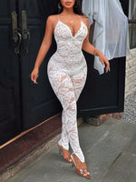 Women Floral Lace Sheer Bodycon Jumpsuit Spaghetti Strap Deep V Neck Backless See Through Slim Long Pants Romper Party Clubwear
