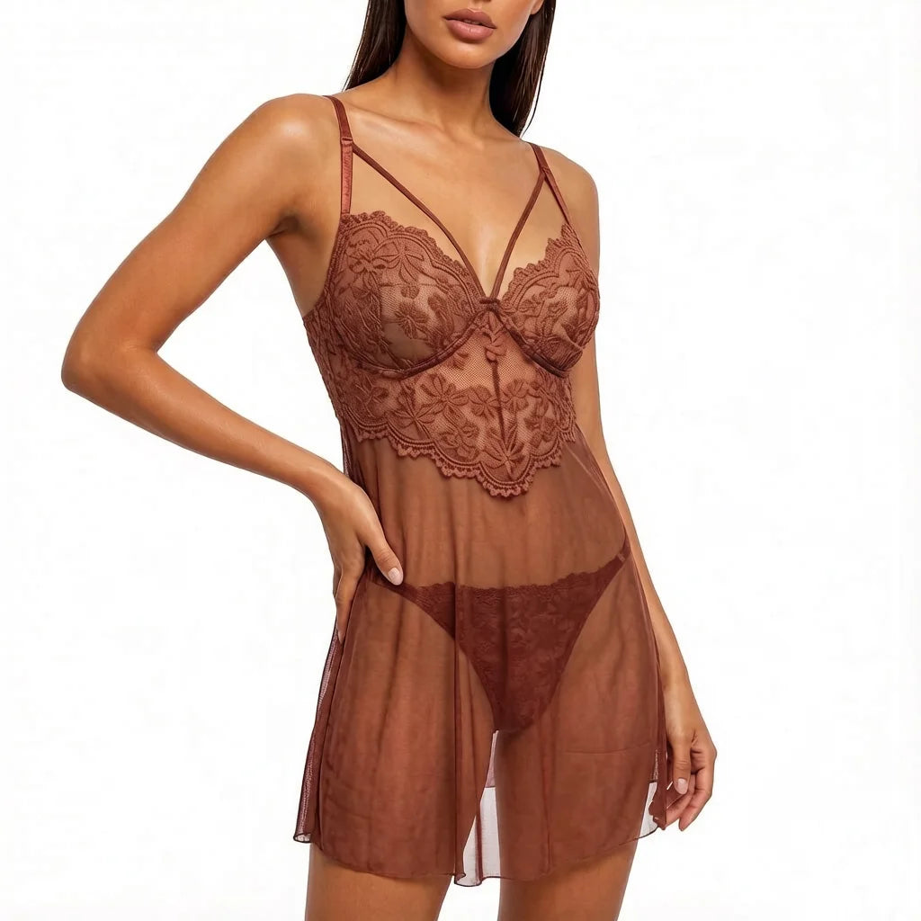 Net fabric see-through deep V nightgown thong set - dark color floral lace strapless fitted sexy nightgown set
