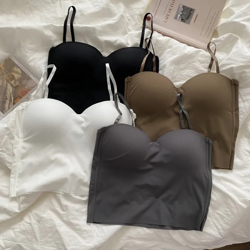 Women Tops With Built In Bra Ice Silk Tube Top Seamless Bra Femal Comfort Underwear Wirefree Padded Brassiere Sexy Crop Top