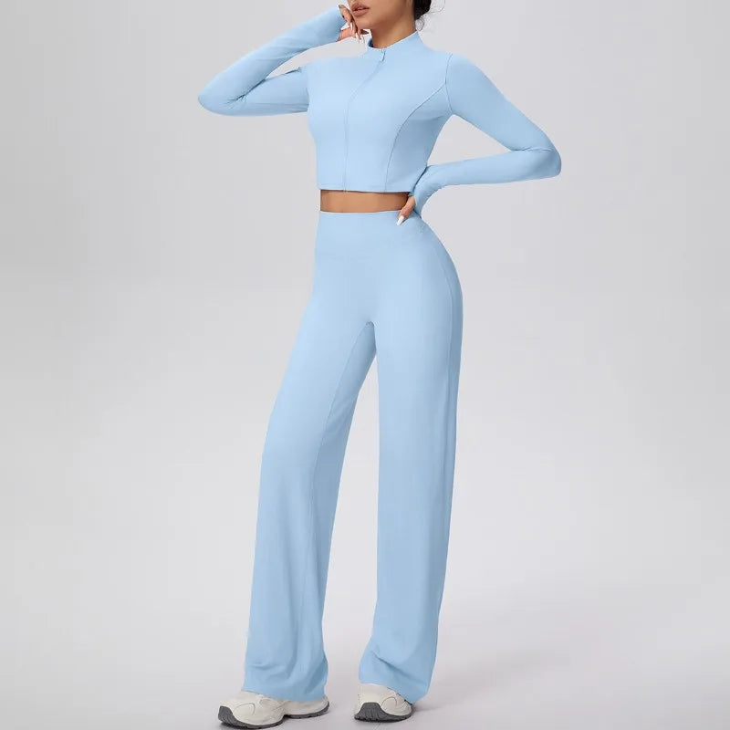 2 Pcs Women's Seamless Yoga Set Long-sleeved Wide-leg Pants Tracksuit Fitness Sports Set High-waisted Hip-lifting Slim-fit Suit