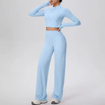 2 Pcs Women's Seamless Yoga Set Long-sleeved Wide-leg Pants Tracksuit Fitness Sports Set High-waisted Hip-lifting Slim-fit Suit