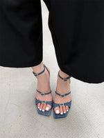 New Sexy Black Thin Buckle Straps Wedges Sandals Women Elegant Denim Blue Unique Curved Wedge High Heel Summer Party Heels Shoes