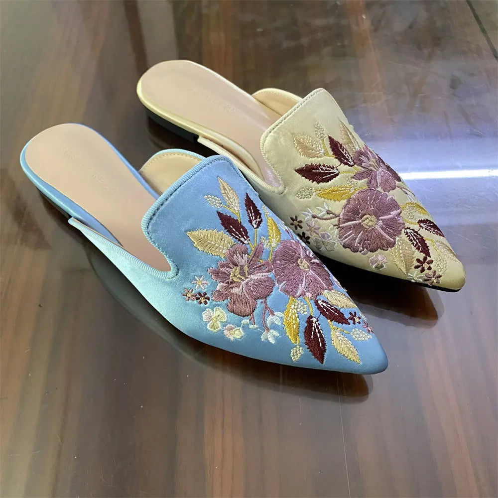 2026 Big Size 43 Summer Women's Blue Mules Slipper Sandals with Silk Flowers Embroidery Comfy Walking Slide Flat Satin Shoes