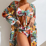 2025 Three Pieces Bikini Set Cover Up Swimwear Women Swimsuit Print Long Sleeve Push Up Bathing Suit Beachwear Swimming Biquini