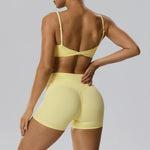 STOUREG Women 2 Piece Yoga Workout Set Adjustable Strap Twist Back Sports Bra Peach Hip Yoga Shorts Fitness Gym Outfit