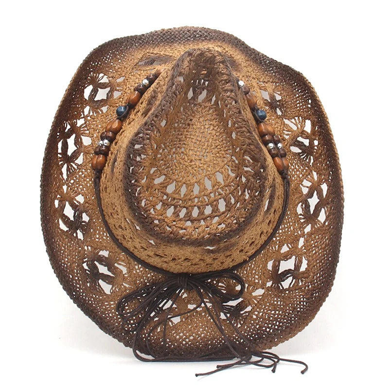 Women Cowboy Hat Creative Curled Straw Hollow Design Ethnic Style Beads Chain Decoration Shade Straw Hat Summer Sun Cap