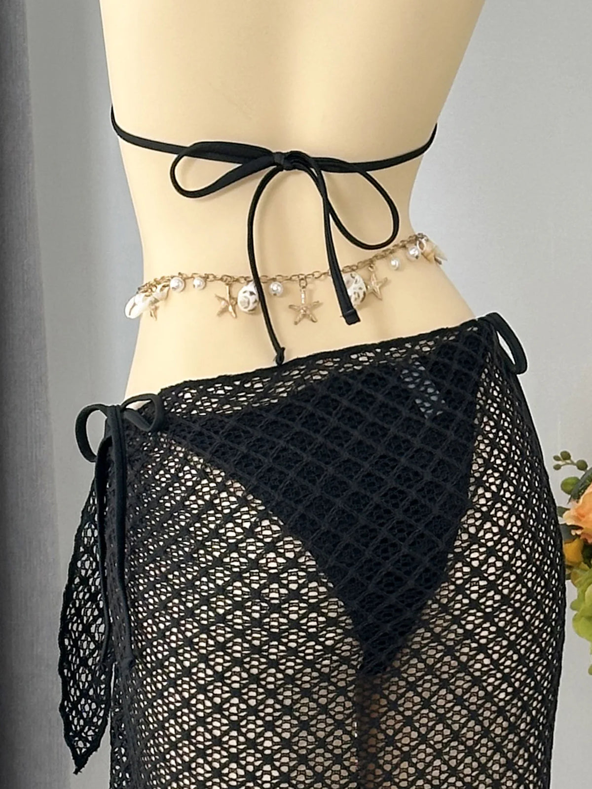 Sexy Mesh Cover Up 3 Piece Bikinis Sets 2026 Women Black Metal Chain Strap Push Up Thong Swimsuit Holiday Bathing Suit Swimwear
