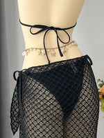 Sexy Mesh Cover Up 3 Piece Bikinis Sets 2026 Women Black Metal Chain Strap Push Up Thong Swimsuit Holiday Bathing Suit Swimwear