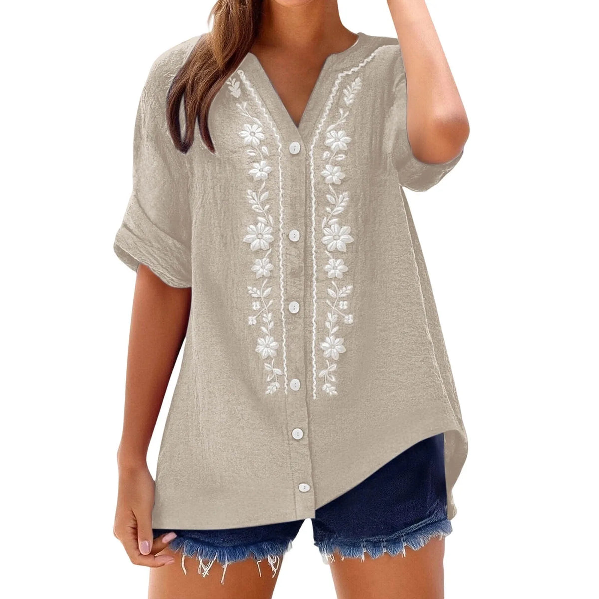 Womens V Neck Embroidered Linen Tunic Shirt Roll Up Sleeve Button Down Loose Fit Casual Boho Blouse Vintage Summer Beach Shirts