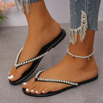 Summer Beach Pearl Decor Flip Flops Women Fashion Black Flat Clip Toe Slippers Female Plus Size Non Slip Pu Leather Slides Mujer