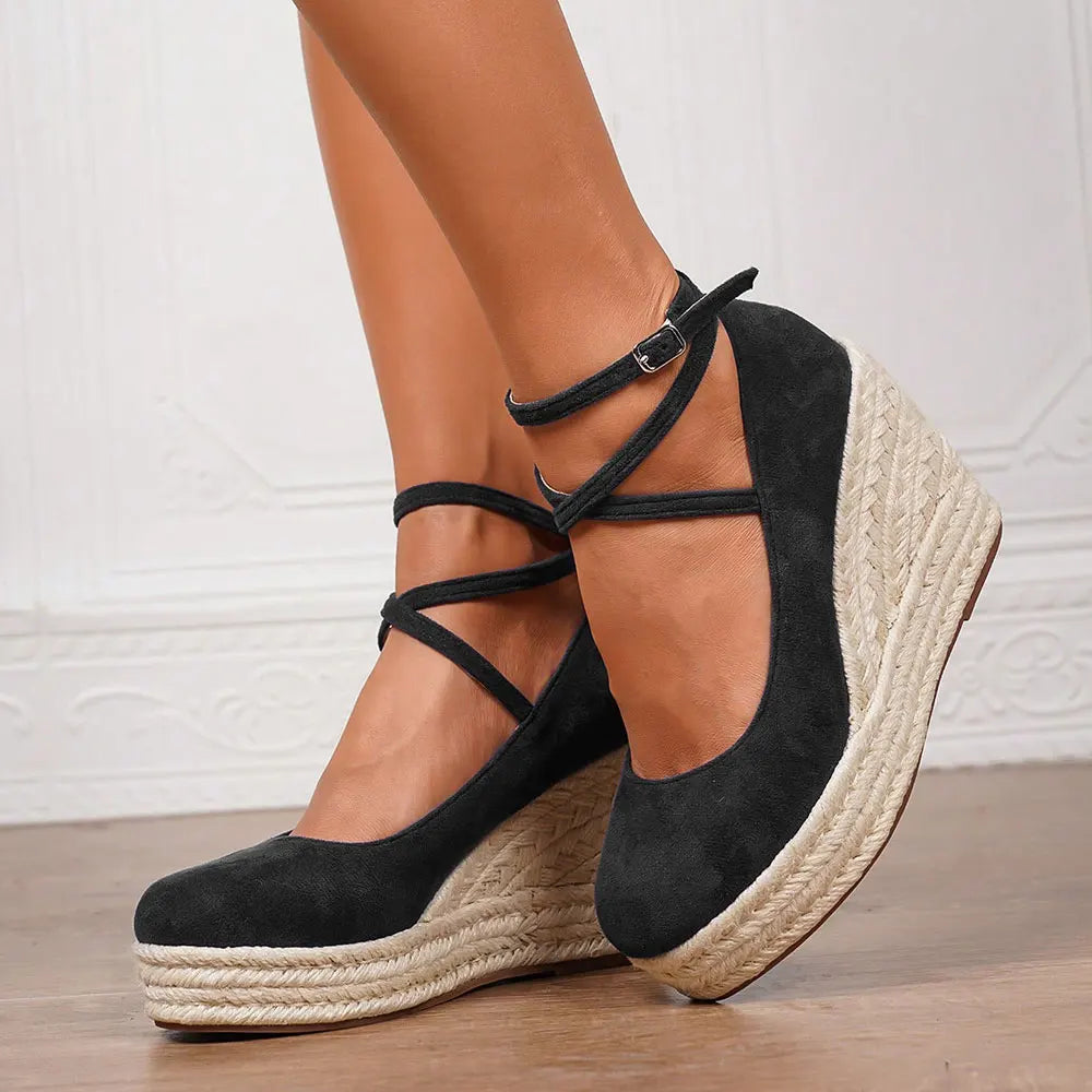 2025 Comfy Walk Big Size 43 Summer Bohemian Espadrilles Platform Pumps Cross Strap Chunky High Heels Wedges Shoes Women