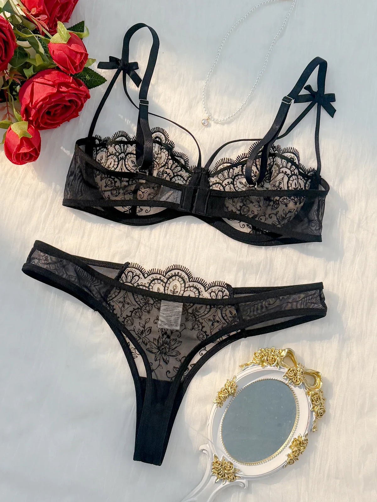 2-piece women's black comfortable lightweight bow semi transparent lingerie set
