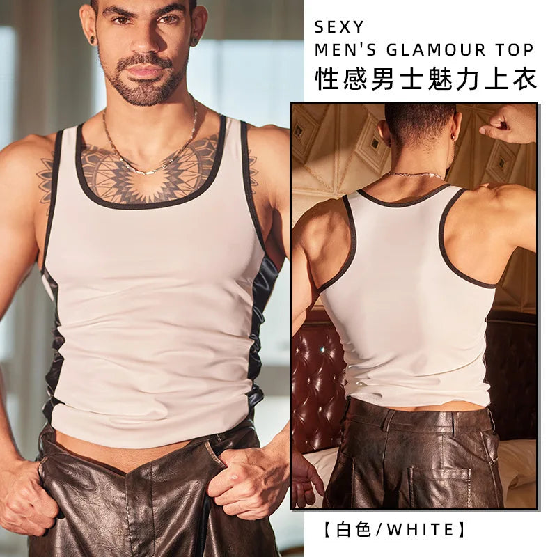 Sports Vest Men's Tight-Fitting Shirt Fitness Sexy Muscle Men's Leather Top Erotic Underwear Casaul Elegant Fashion Vest XOG8