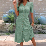 Women's Button Down Ruched Long Dress Summer Beach A-Line Swing Sundress Casual Short Sleeve V-Neck Maxi Dress