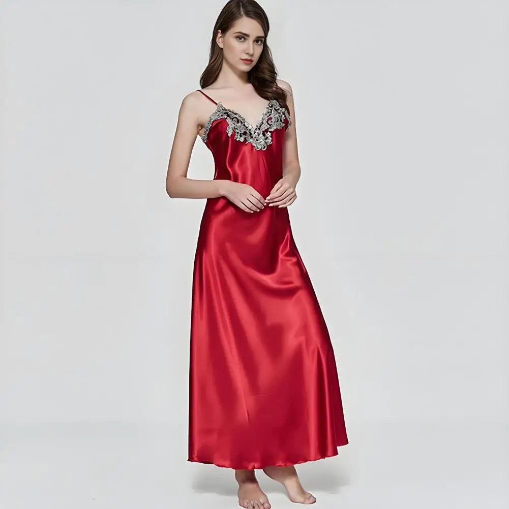 Women's Satin Lace Nightgown Spaghetti Strap Sleeveless Slip Dress Soft V Neck Maxi Sleepwear Silky Chemise Nightdress