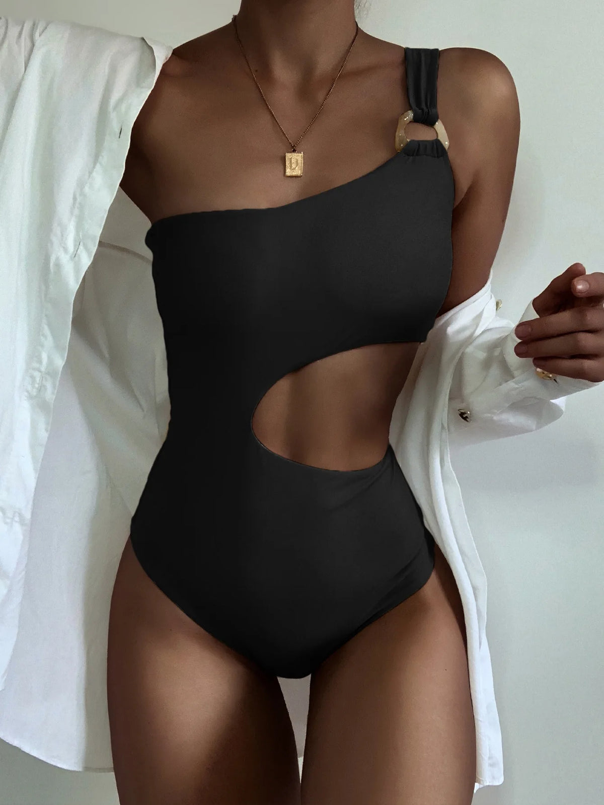 2026 One Shoulder Swimwear Women Solid Color Hollow Out One Piece Swimsuit Summer Beach Bathing Suit Backless Bodysuit Monokini