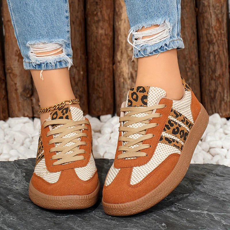 Leopard Stripe Lace Up Flats for Women Plus Size 42 Platform German Training Shoes Woman Non-Slip Thick Sole Sport Running Shoes
