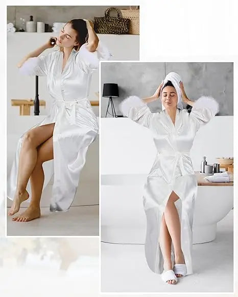 Bride Robe with Feather White Boudoir Dress Long Silk Bridal Lace Dressing Gown Bridesmaid Gifts Satin Feather Trim Bride Kimono