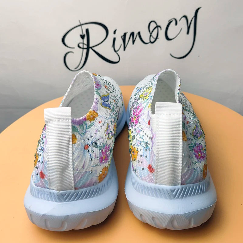 2025 Fashion Crystal Platform Sneakers Women Plus Size Slip On Flowers Printed Flats Woman Breathable Soft Sole Wakling Shoes