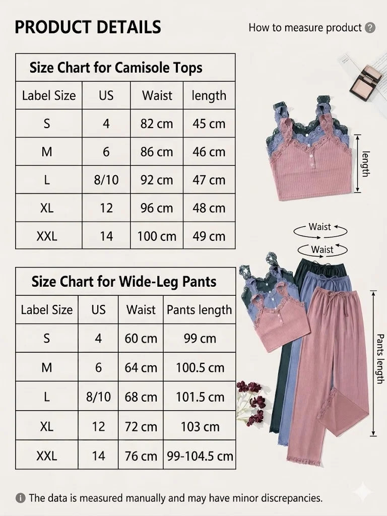 Women Ribbed Pajama Set Lace Trim Cami Top and Pants Sleepwear Soft Breathable Button Front Loungewear