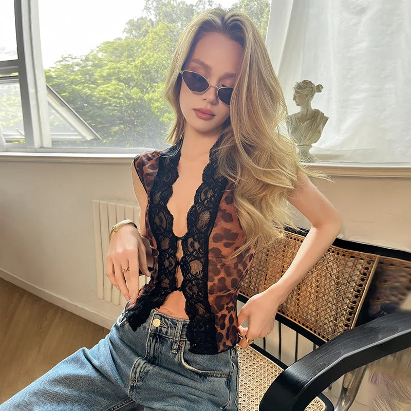 FDYOUI Women's Deep V-neck Lace Patchwork Mesh T-shirts 2026 Summer Sexy Sleeveless Buttons Leopard Tops Tee Shirt Streetwear