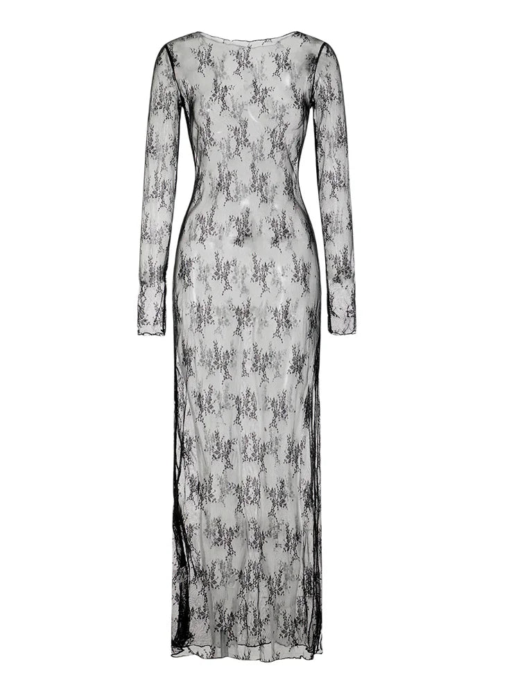 Women See Through Lace Dress Long Sleeve High Slit Dress Summer Sexy Club Beach Dress Swimwear Cover-ups