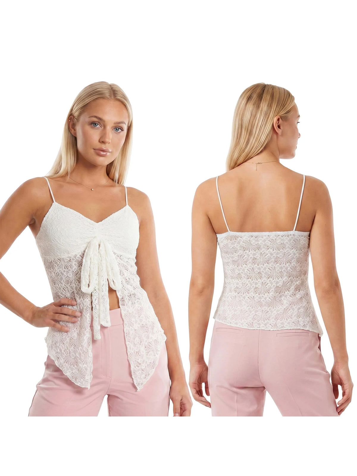 Women’s Spaghetti Strap Tank Tops Summer Sleeveless Tie Split Front Lace Sheer Vest Retro Sexy Corset Streetwear