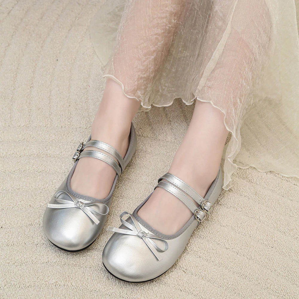Women Bow Mary Jane Flats Double Strap Buckle Round Toe Patent Leather Sweet Retro Ballet Dress Shoes Multi‑color