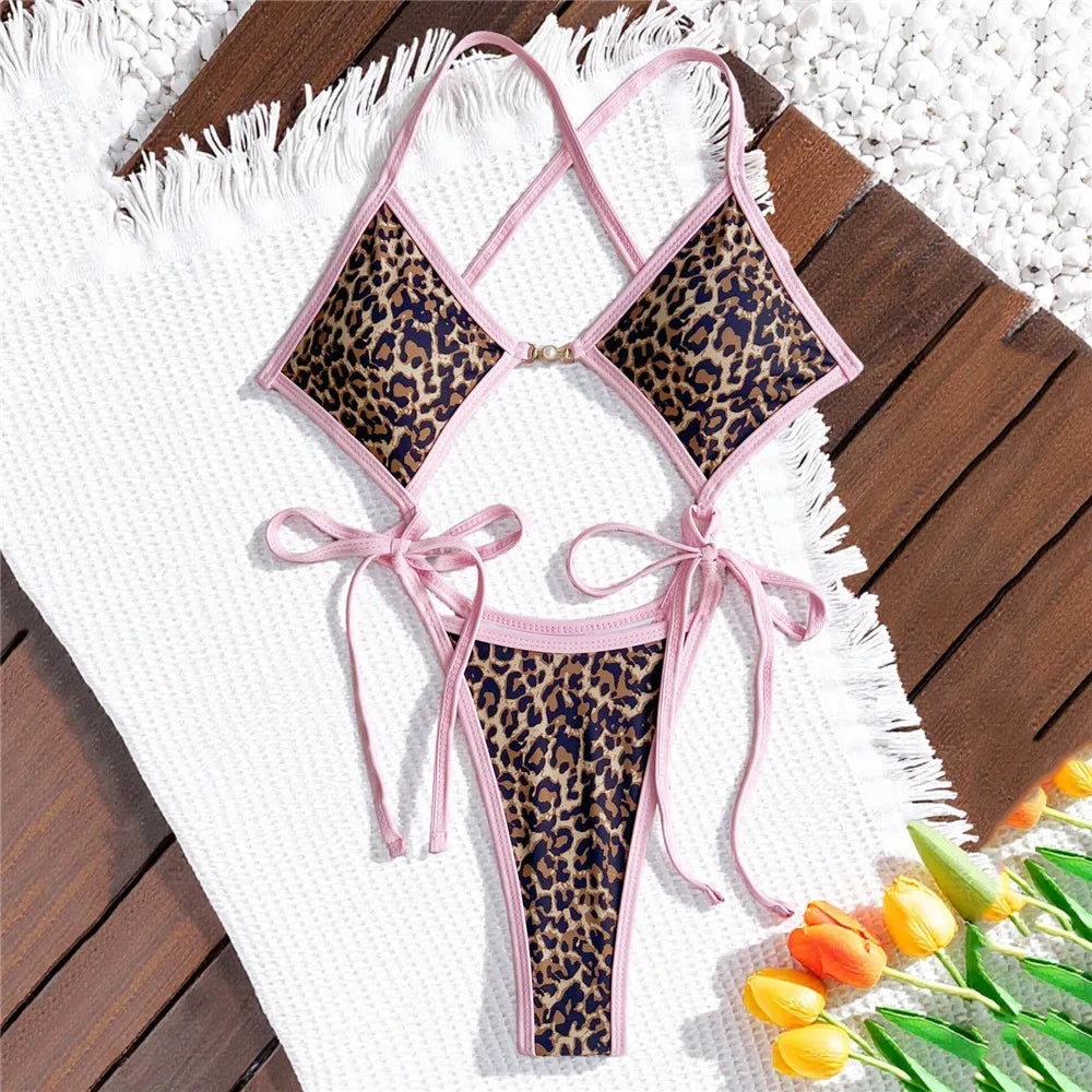 Leopard Print One Piece Swimsuits for Women String Lace-up Triangle Bikini Swimwear 2026 Hollow Out Monokini Bathing Suit Summer