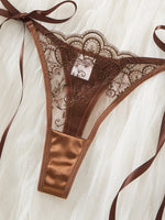 Coffee vintage lace lingerie set - Sexy net fabric embroidery 3/4 cup gathering bra with elasticized straps thong set