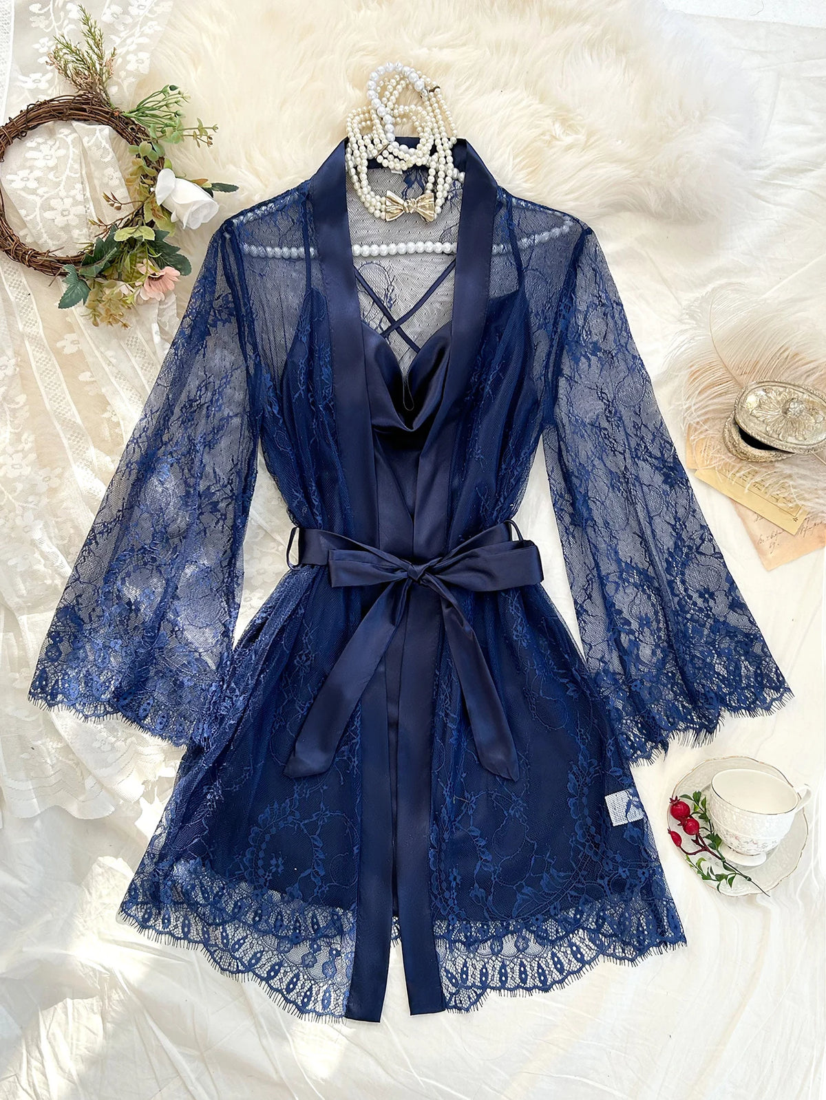Women Lace Sleepwear Set Sheer Lace Robe with Cowl Neck Slip Nightdress Thin and Breathable Ladies 2Pcs Pajamas