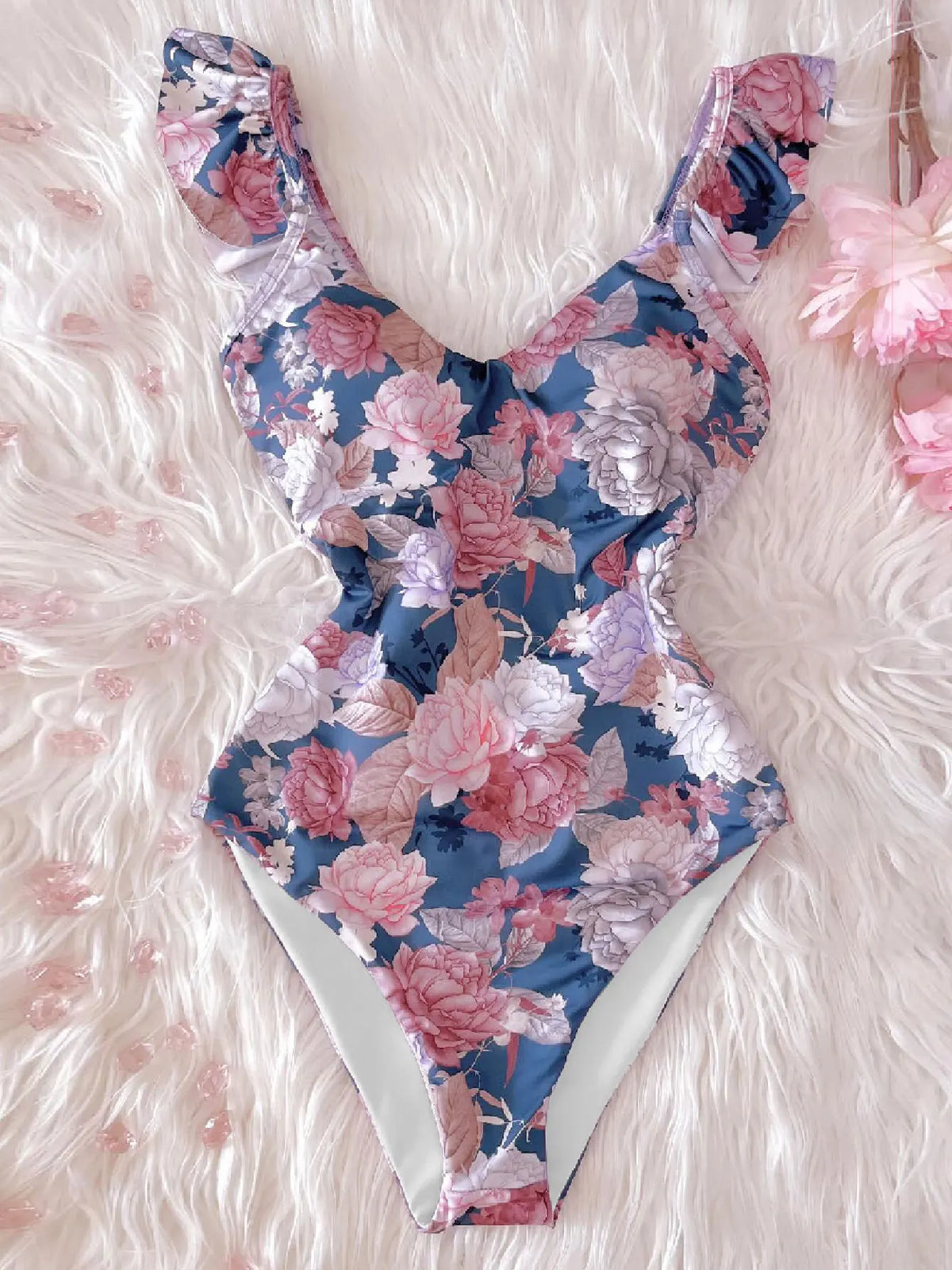 Sexy Ruffle Shoulder Swimsuit V-Neck Swimwear Women Backless Push Up Bathing SuitBeach Wear 2024 Female Swimming Suit