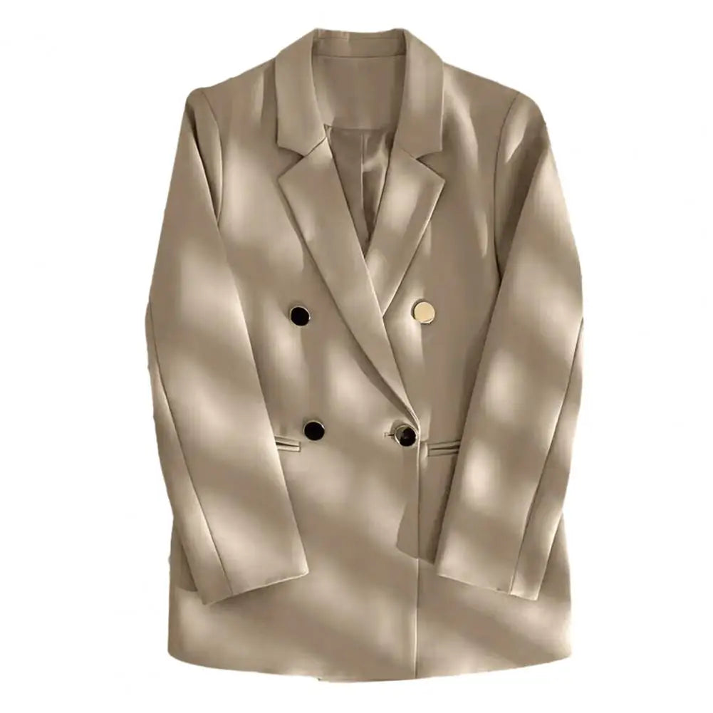 Women Suit Coat Lapel Long Sleeve Double Placket Suit Jacket with Pockets Solid Color Loose Fit Mid-length Business Outerwear