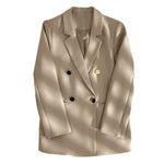 Women Suit Coat Lapel Long Sleeve Double Placket Suit Jacket with Pockets Solid Color Loose Fit Mid-length Business Outerwear
