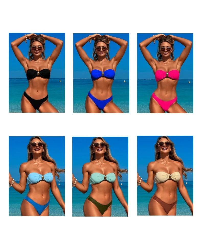 Sexy Bandeau Bikini Set 2025 Women Khaki Patchwork Front Metal High Waist Mesh Panties 3 Piece Swimsuit Bathing Suit Swimwear