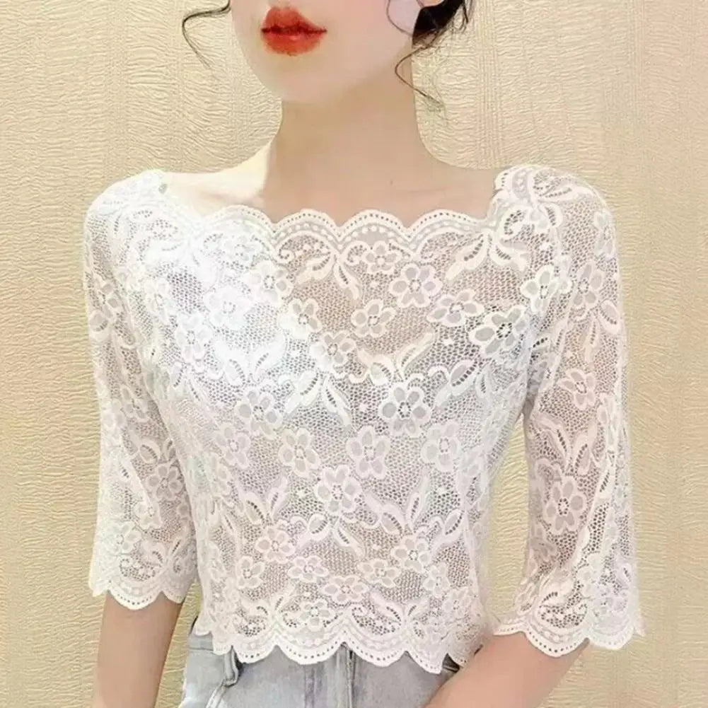 Women Summer Cropped Tops See-through Embroidery Lace Top One-word Collar Half Sleeve Blouse Pullover Tops