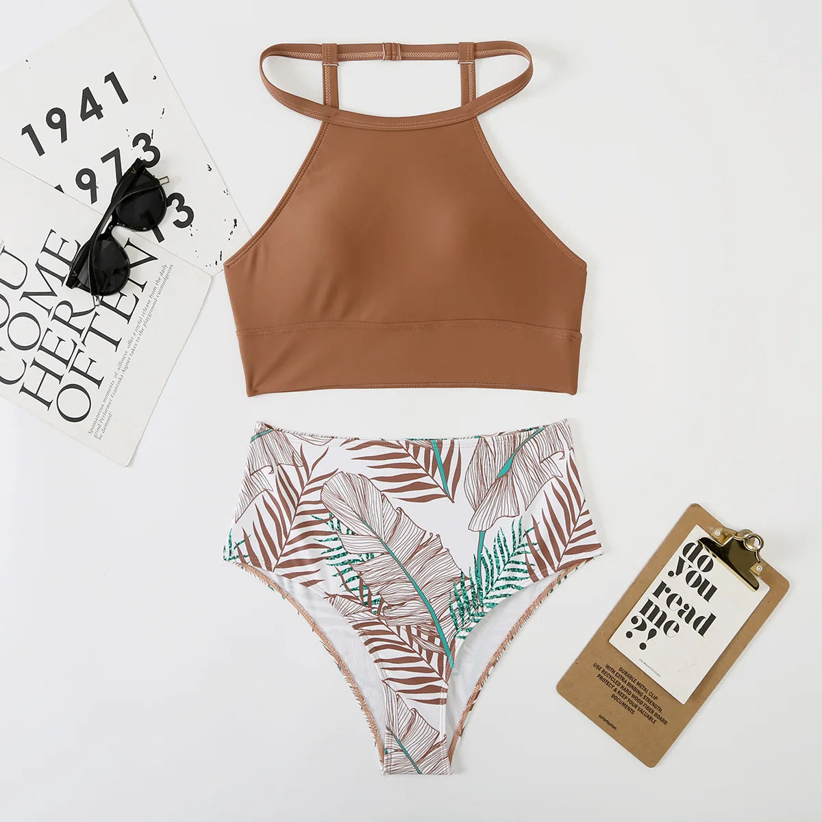 Sexy Light Purple High Waist Bikini 2024 Woman High Neck Swimsuit Female Two Pieces Swimwear Women Print Beach Wear Bathing Suit