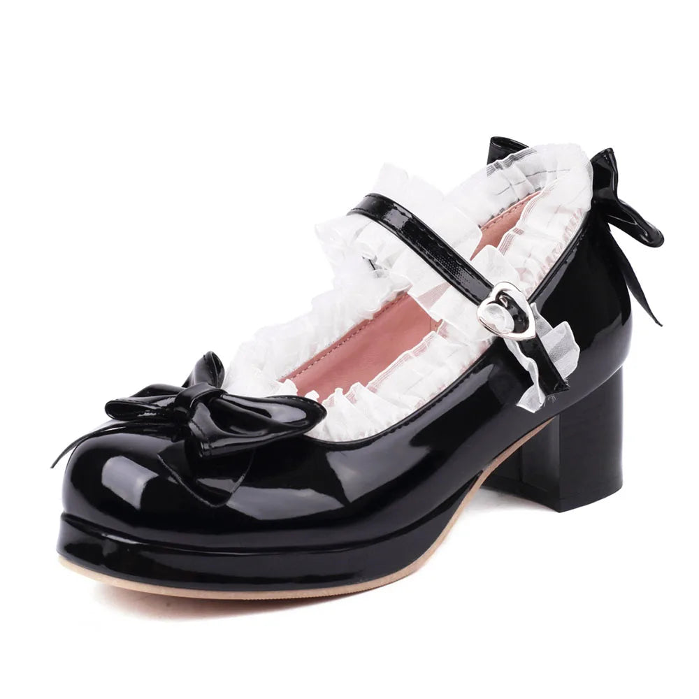 2025 Plus Size 30-48 Women's Candy Colors Mary Janes Pumps Bow Tie Ruffles Black Pink Platform Sweet Block Heels Lolita Shoes