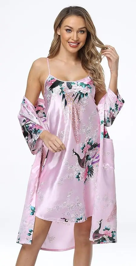 Women's Floral Satin Kimono Robe and Nightgown Set with Camisole 2 Piece Sleepwear Peacock Bathrobe