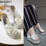 New Summer Flower Decoration Platform Wedges Sandals Women Fashion Silver High Heels Female Summer Gold Shoes Size 34-40