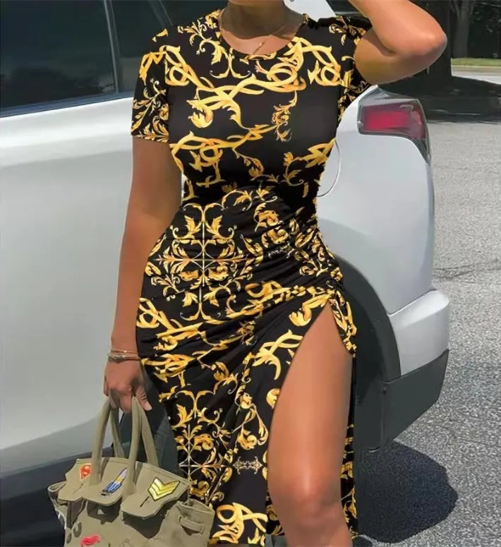 Trendy Printed Slim Midi Dresses Women Fashion Package Hip Bodycon Short Sleeves Drawstring Slit Dress Casual Ladies Streetwear