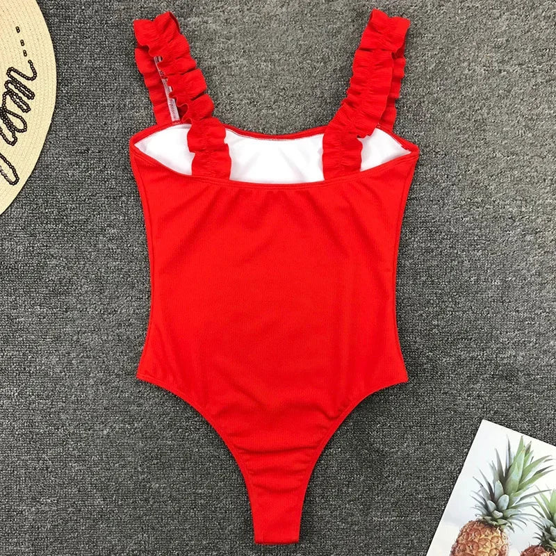 Sexy White Frill Trim Ruffled Ribbed Female Swimwear One Piece Swimsuit Women Monokini High Cut Bather Bathing Suit Swim Lady