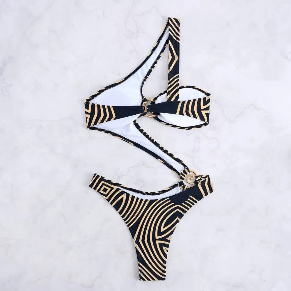 One Shoulder One Piece Swimsuit Woman Trikini Ring Linked Swimwear Thong Beachwear Woman 2025 Bathing Suits Holiday Pool Summer